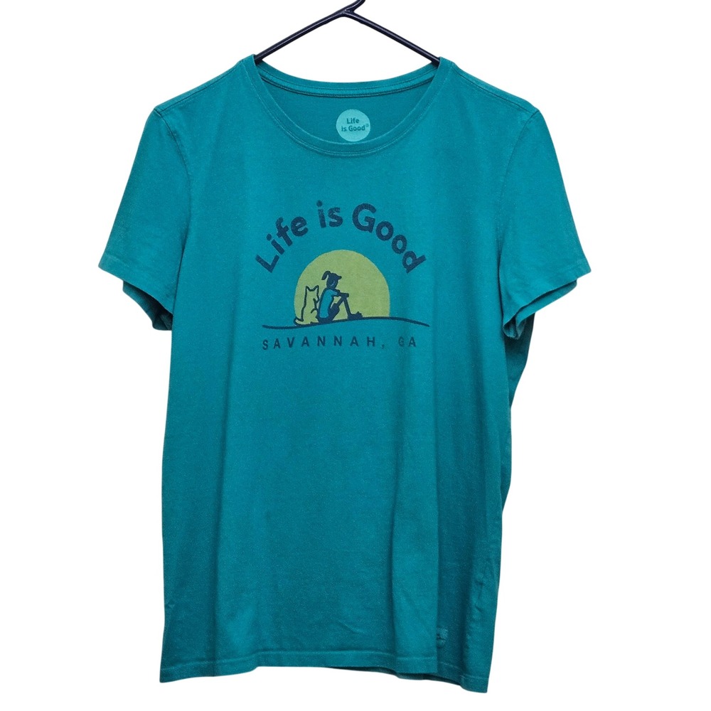 Life is Good Crusher Tee Women L Teal Savannah GA Dog Sunset Cotton Graphic Top